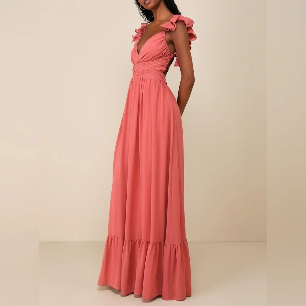 Lulu’s Large Soiree Celebration Rusty Rose Ruffled Lace-Up Maxi Dress - Picture 9 of 11